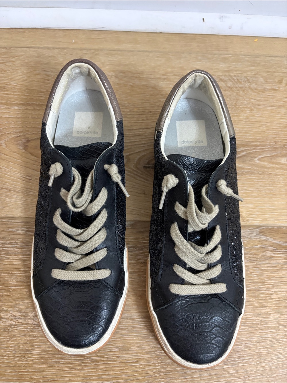 Dolce Vita Black Sneakers with Cream Laces and Tan Trim